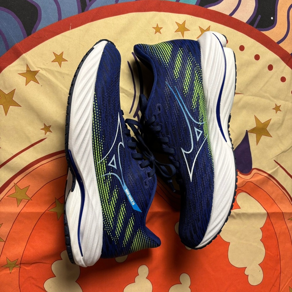 Mizuno Wave Rider 28 Mens Running Shoes Blue Lime Athletic Sneakers Size 9 Walk